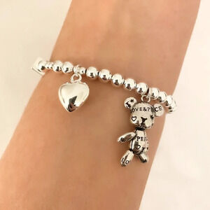 925 Sterling Silver Teddy Bear & Heart Charm Bracelet Dainty Bead Charm Bracelet